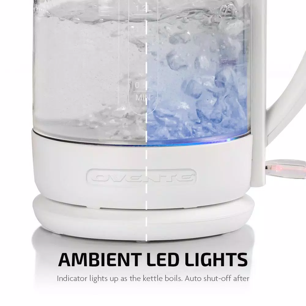 Ovente 1.5L White Glass Electric Kettle with ProntoFill Technology, 1500W