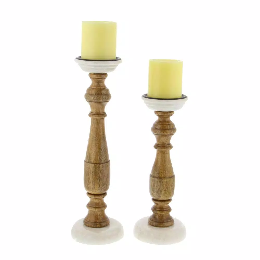 LITTON LANE New Traditional Mango Wood and White Marble Candle Holder Set of 2