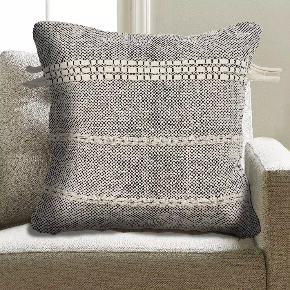 LR Resources Zanthia Black and Natural Striped Hypoallergenic 100% Cotton 20 in. x 20 in. Throw Pillow
