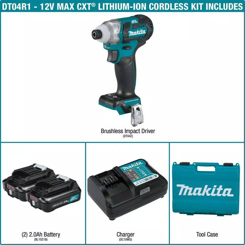 Makita 12V MAX CXT Brushless 1/4 in. Cordless Impact Driver Kit with (2) 2.0Ah Batteries, Charger, and Hard Case