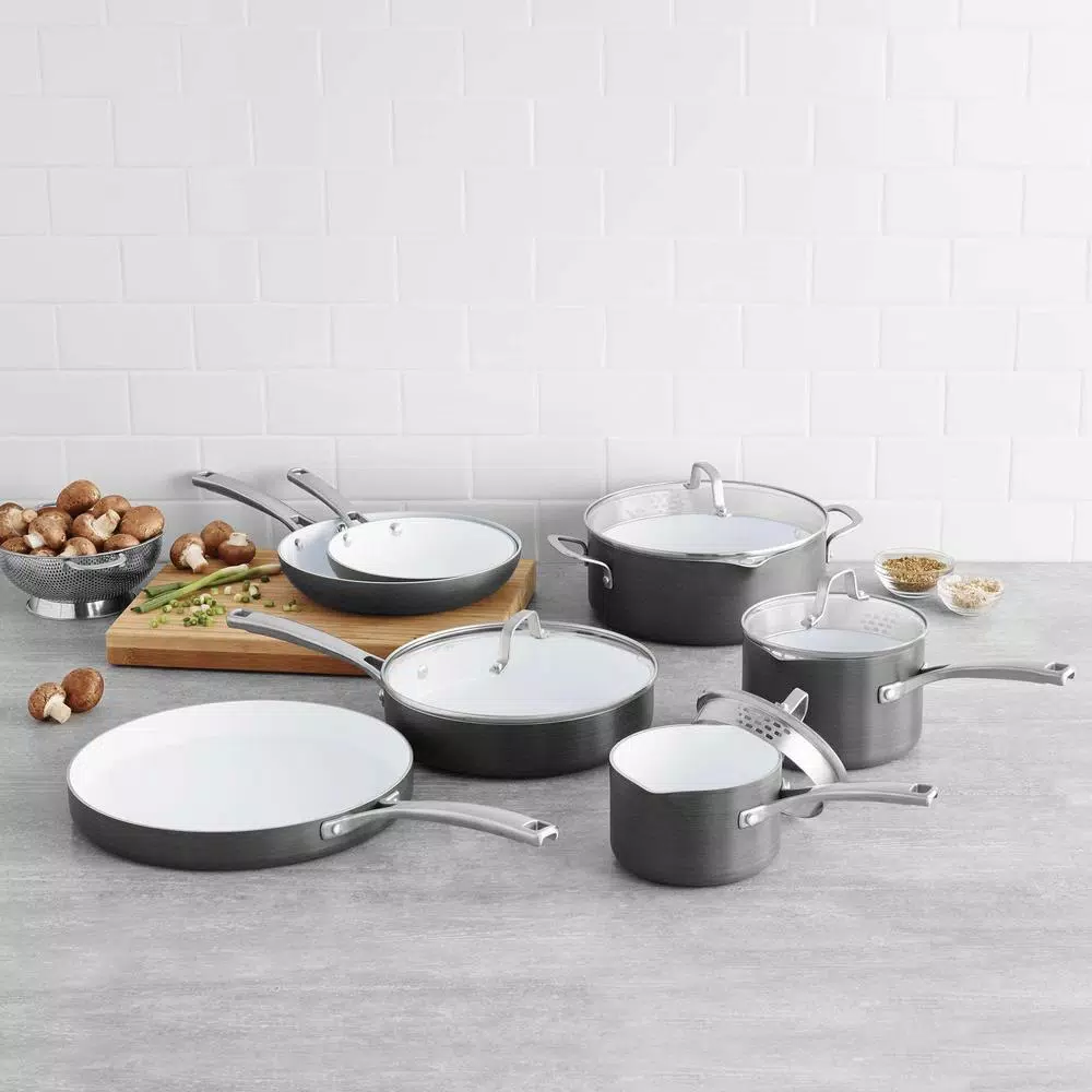 Calphalon Classic 11-Piece Hard-Anodized Aluminum Ceramic Nonstick Cookware Set, Black and White