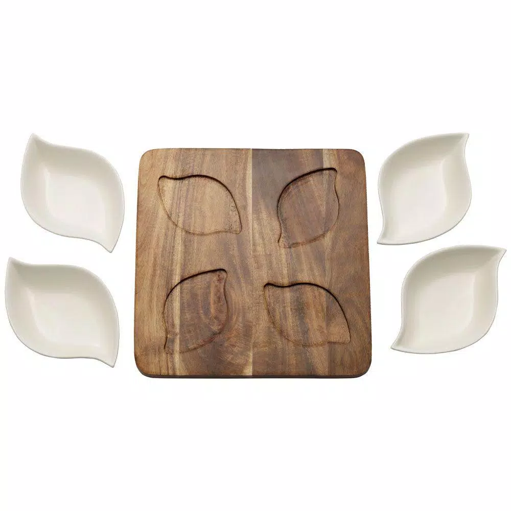 Pfaltzgraff 10 in. 5-Piece Acacia Wood Serving Tray with 4 White Ceramic Bowls