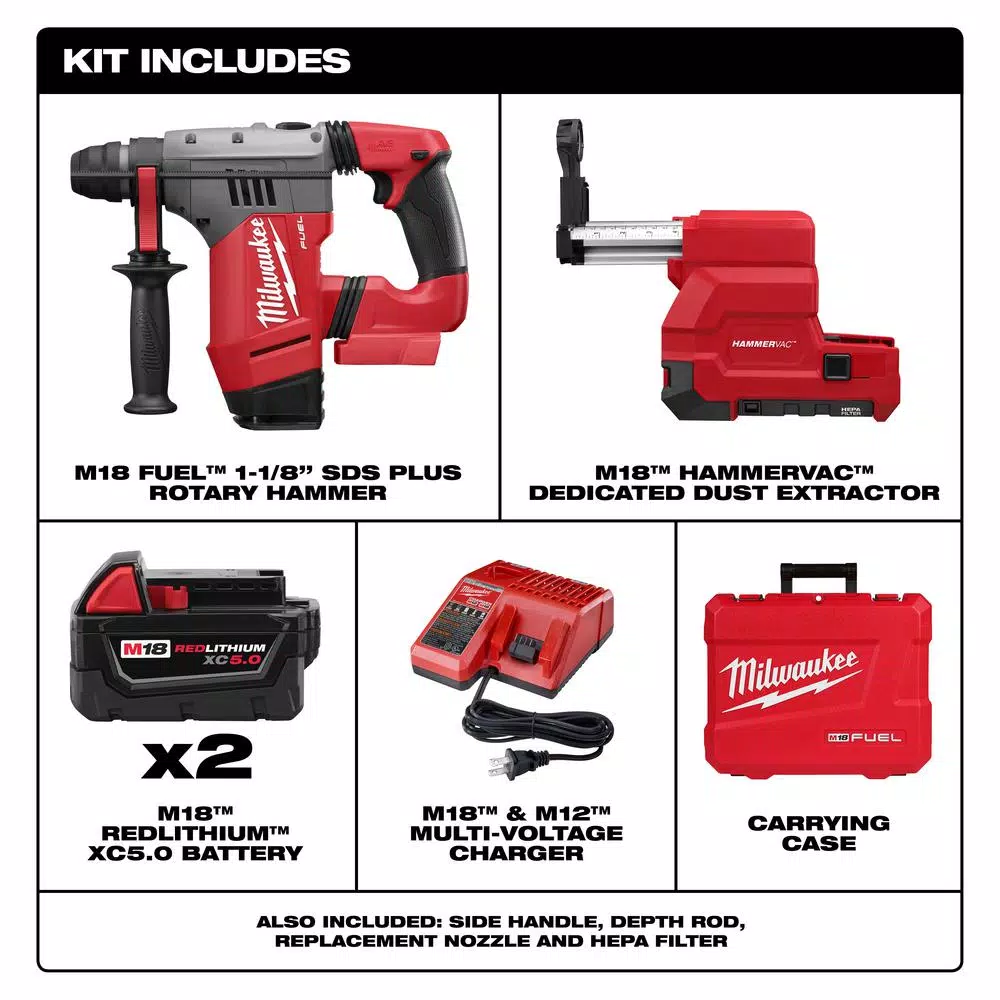 Milwaukee M18 FUEL 1-1/8 in. SDS-Plus Rotary Hammer Kit with HAMMERVAC Dust Extractor & (2) 5.0 Ah Batteries