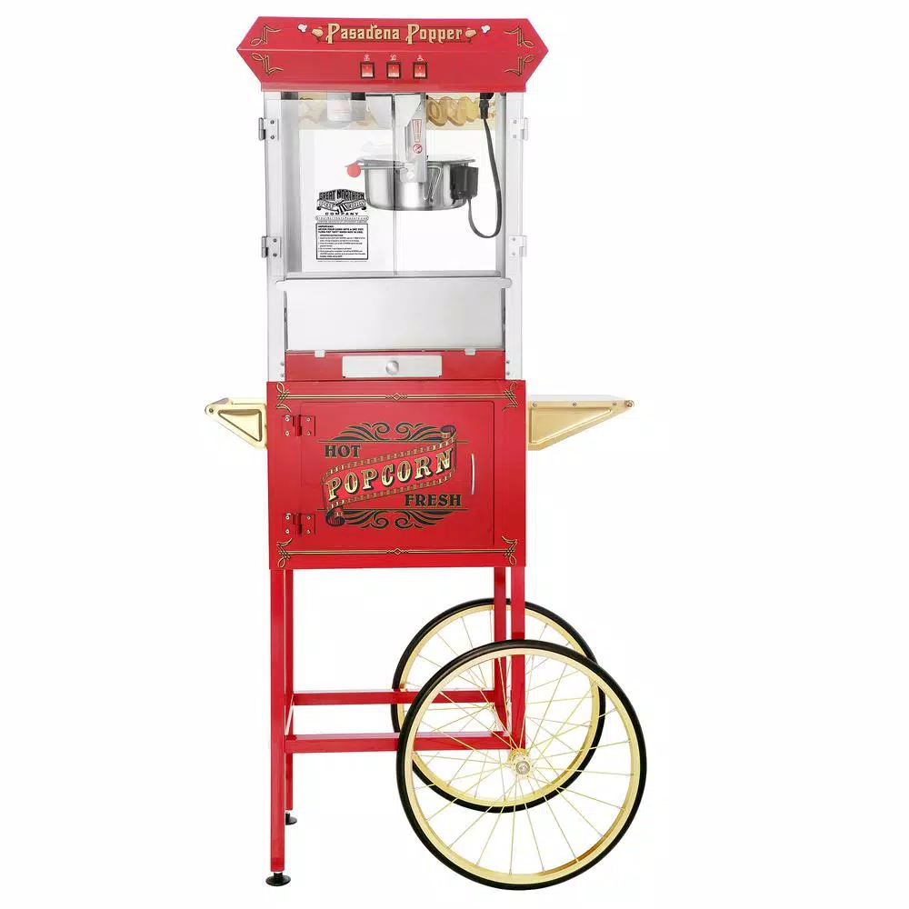 Great Northern Pasadena 8 oz. Antique Red Popcorn Machine with Cart, Commercial Quality Oil Popper