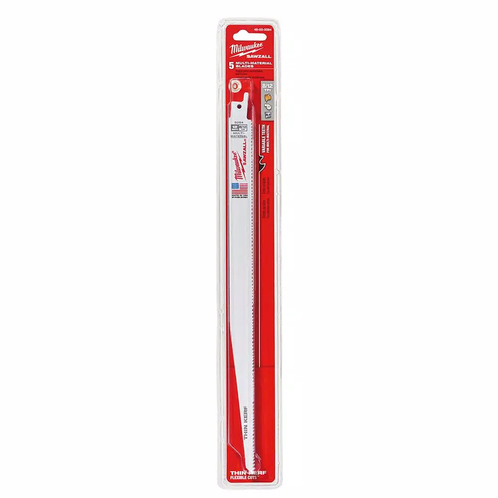 Milwaukee 12 in. 8/12 TPI Multi-Material Reciprocating Saw Blades, 5-Pack