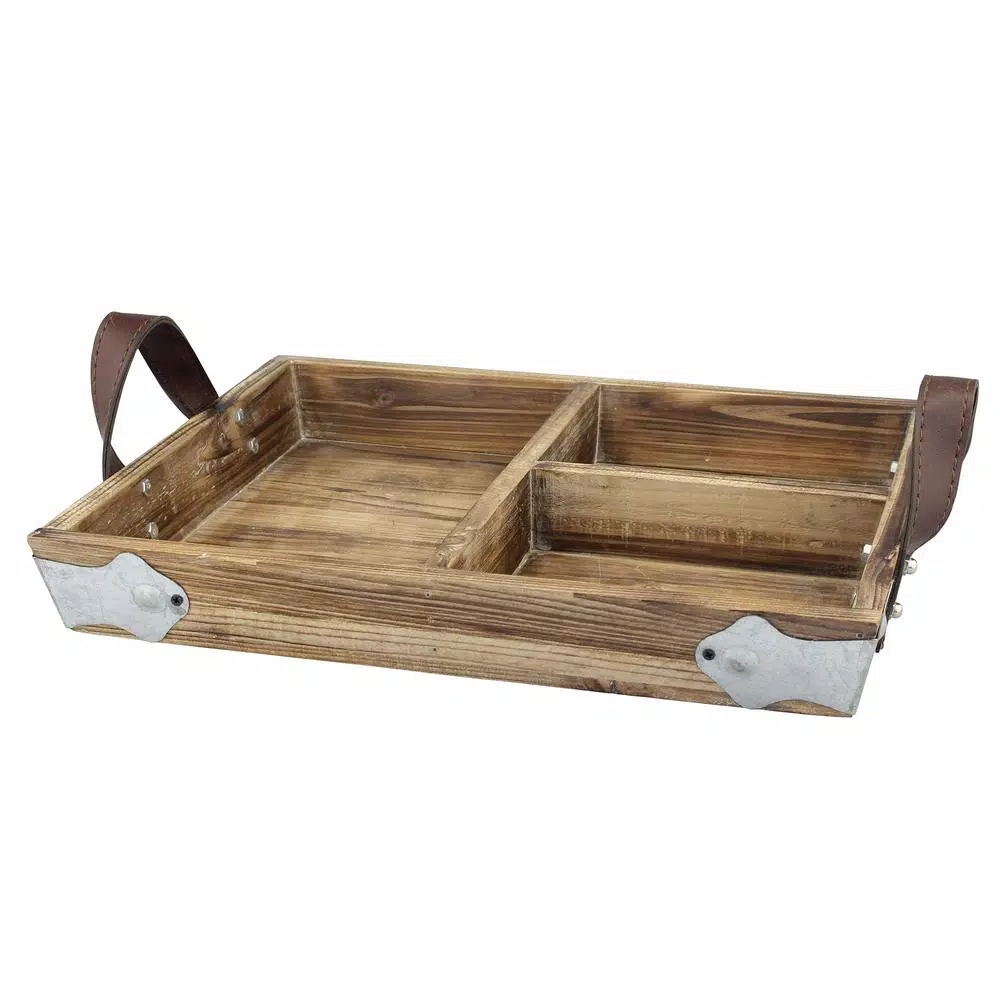 Stonebriar Collection Stonebriar Brown Wood Decorative Tray with Leather Handles and 3 Dividers