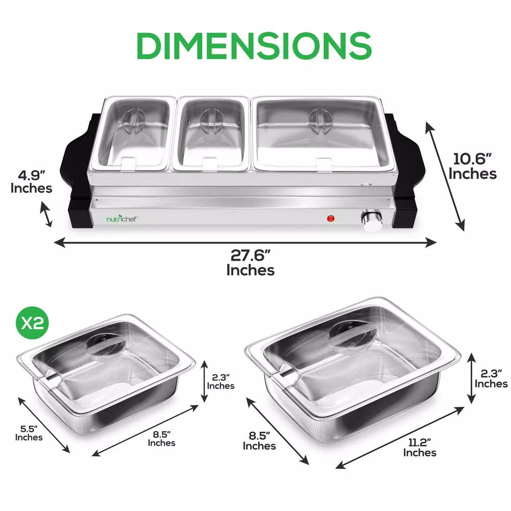 NutriChef 27.6 in. 3-Burner Stainless Steel Electric Buffet Server Food Warming Tray