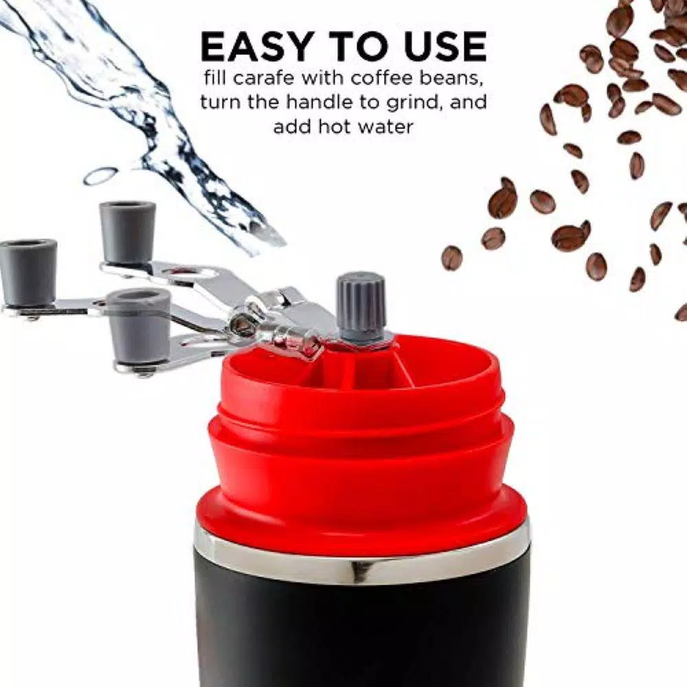 Ovente 2-in-1 Single Serve Coffee Grinder and French Press Maker with Insulated Cup, Red