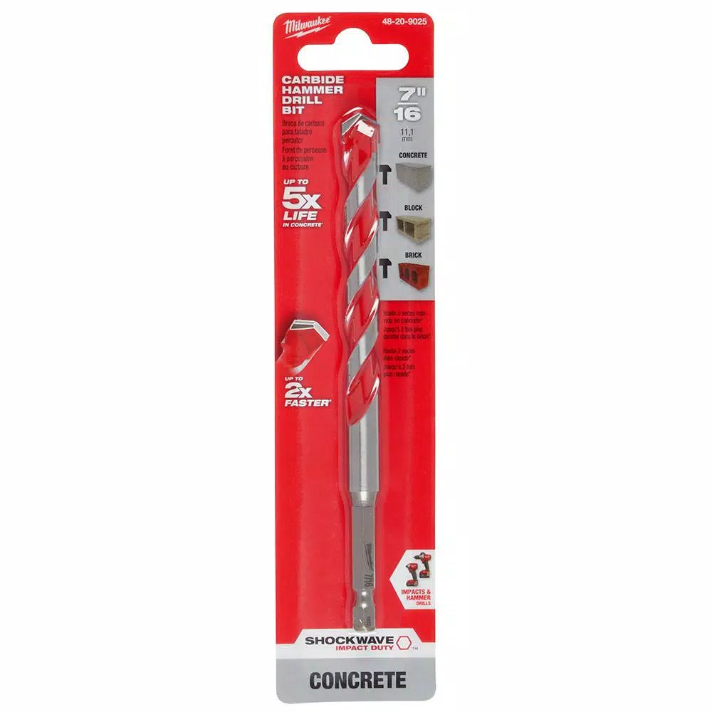 Milwaukee SHOCKWAVE 7/16 in. Carbide Hammer Drill Bit, 6 in. Length, 1/4 in. Hex Shank