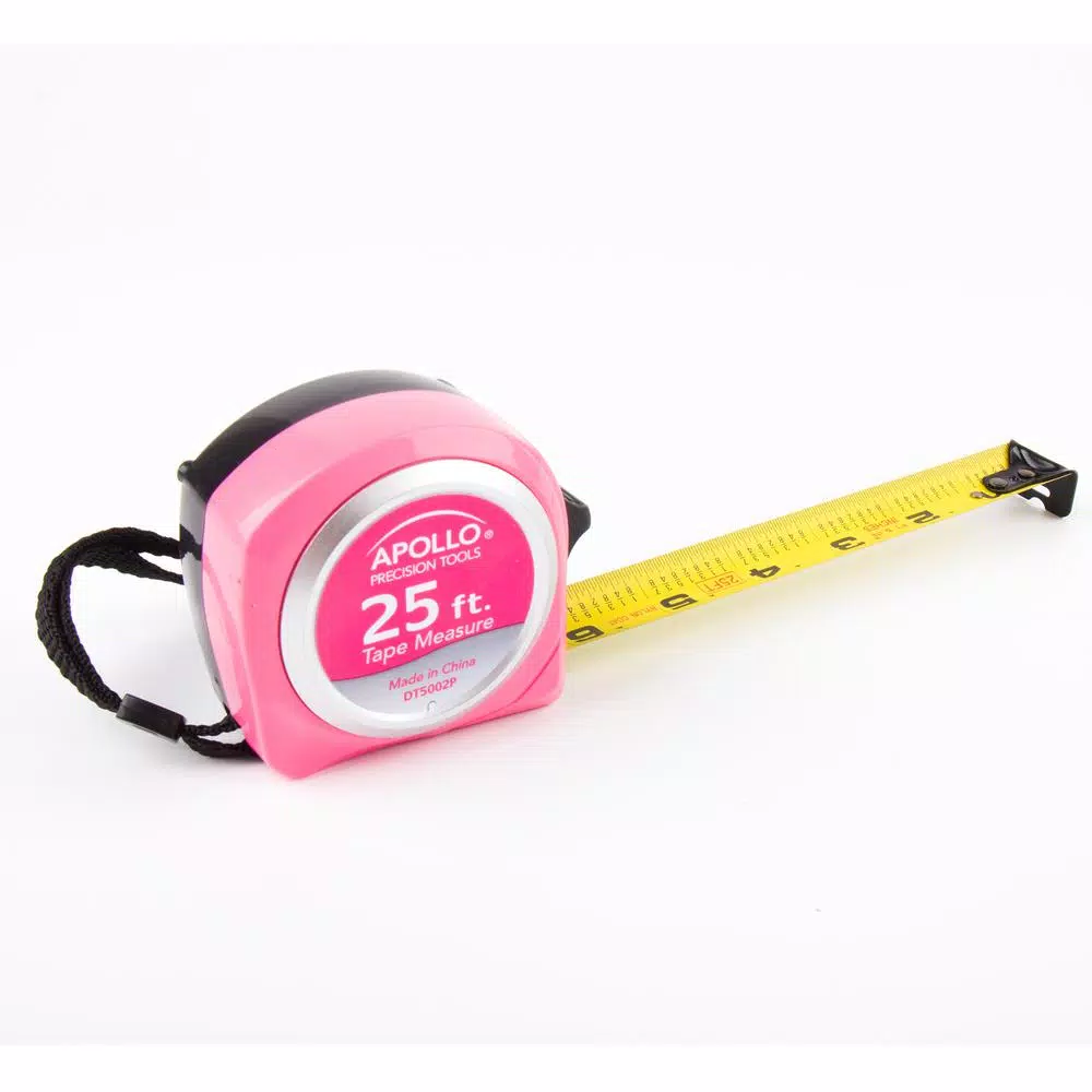 Apollo Tools 25.5 ft. Tape Measure, Pink Nylon-Coated Steel Blade with Belt Clip