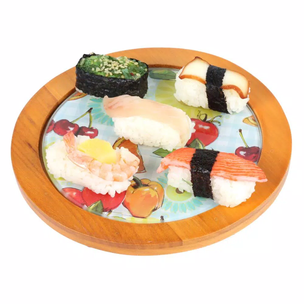 Creative Home 7.5 in. Round Tempered Glass Trivet Serving Board with Solid Wood Trim, Fruit Pattern