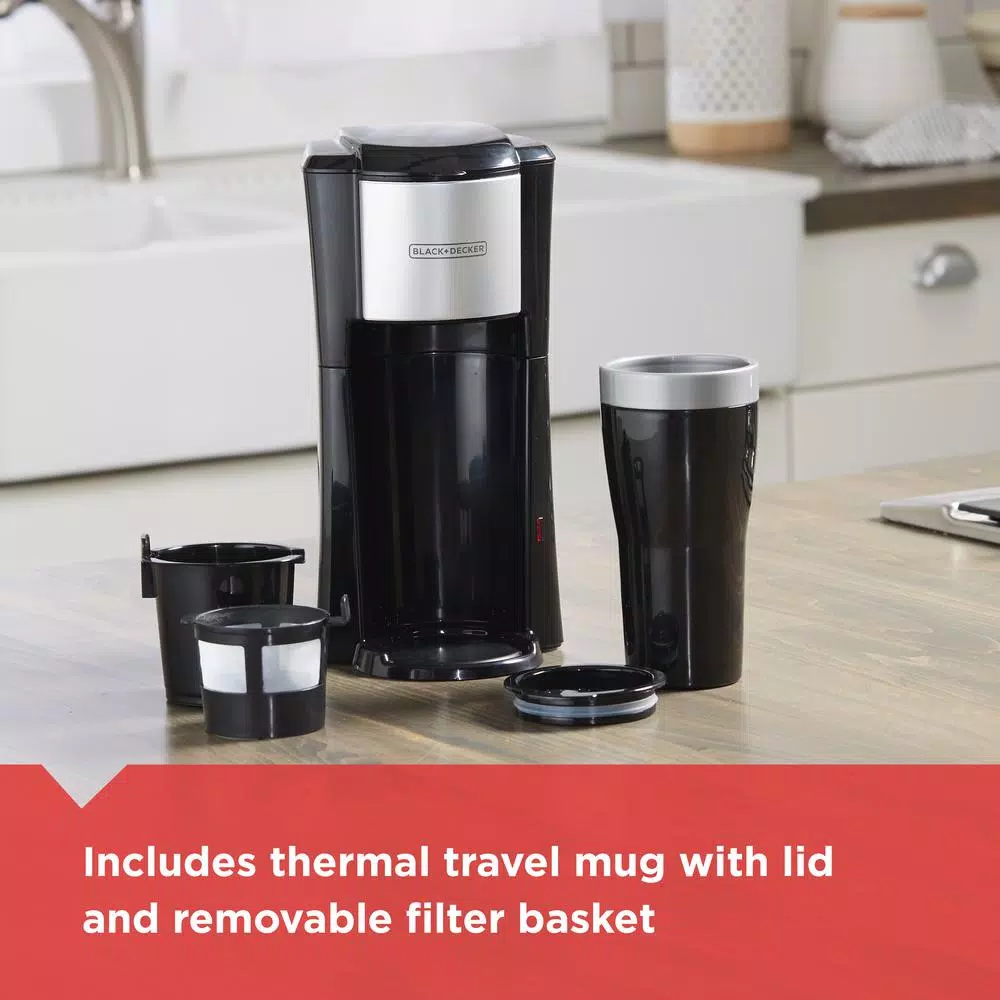 BLACK+DECKER Single Serve Drip Coffee Maker with 16 oz. Travel Mug, Black