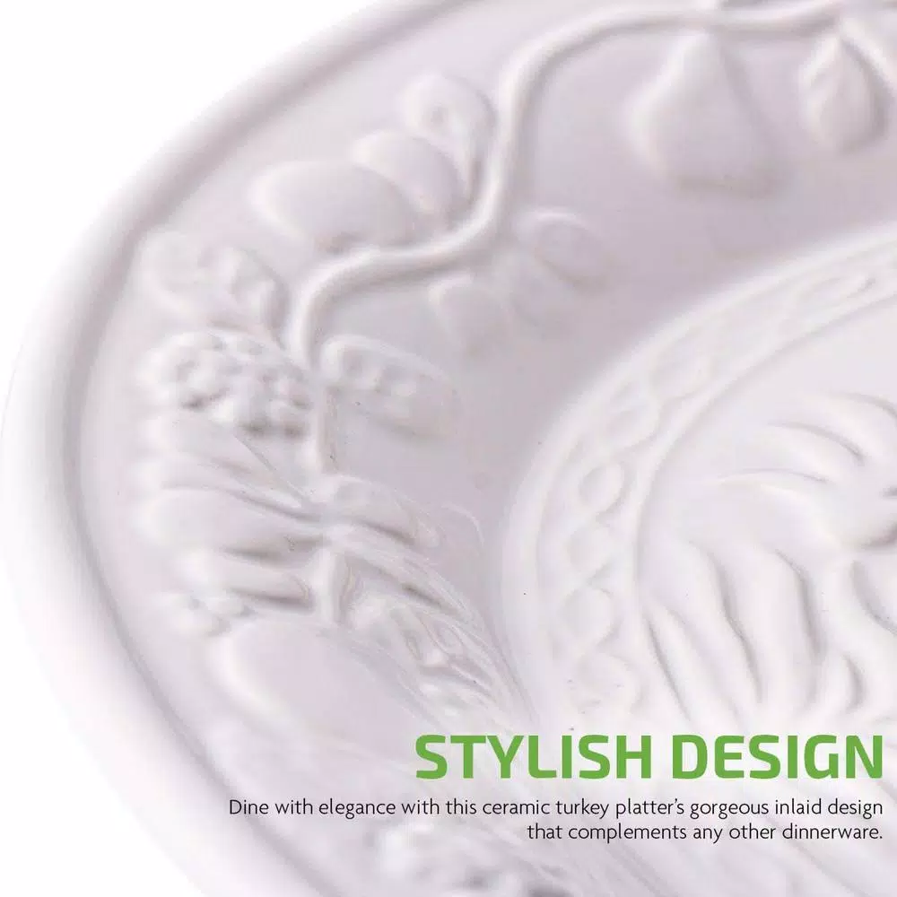 Ovente 13.4 in. White Ceramic Turkey Serving Platter, Oval Holiday Platter