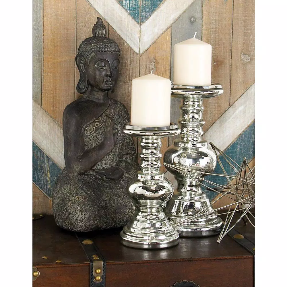 LITTON LANE Silver Glass Squat Ball Column Candle Holders, Set of 2
