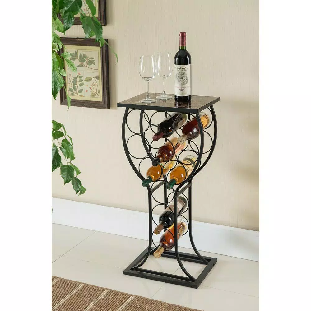 Kings Brand Furniture Kings 11-Bottle Black Metal Wine Rack with Marble Finish Top