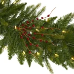Nearly Natural 6 ft. Pre-Lit Artificial Pine Christmas Garland with 50 Warm White LED Lights and Berries thumbnail 3