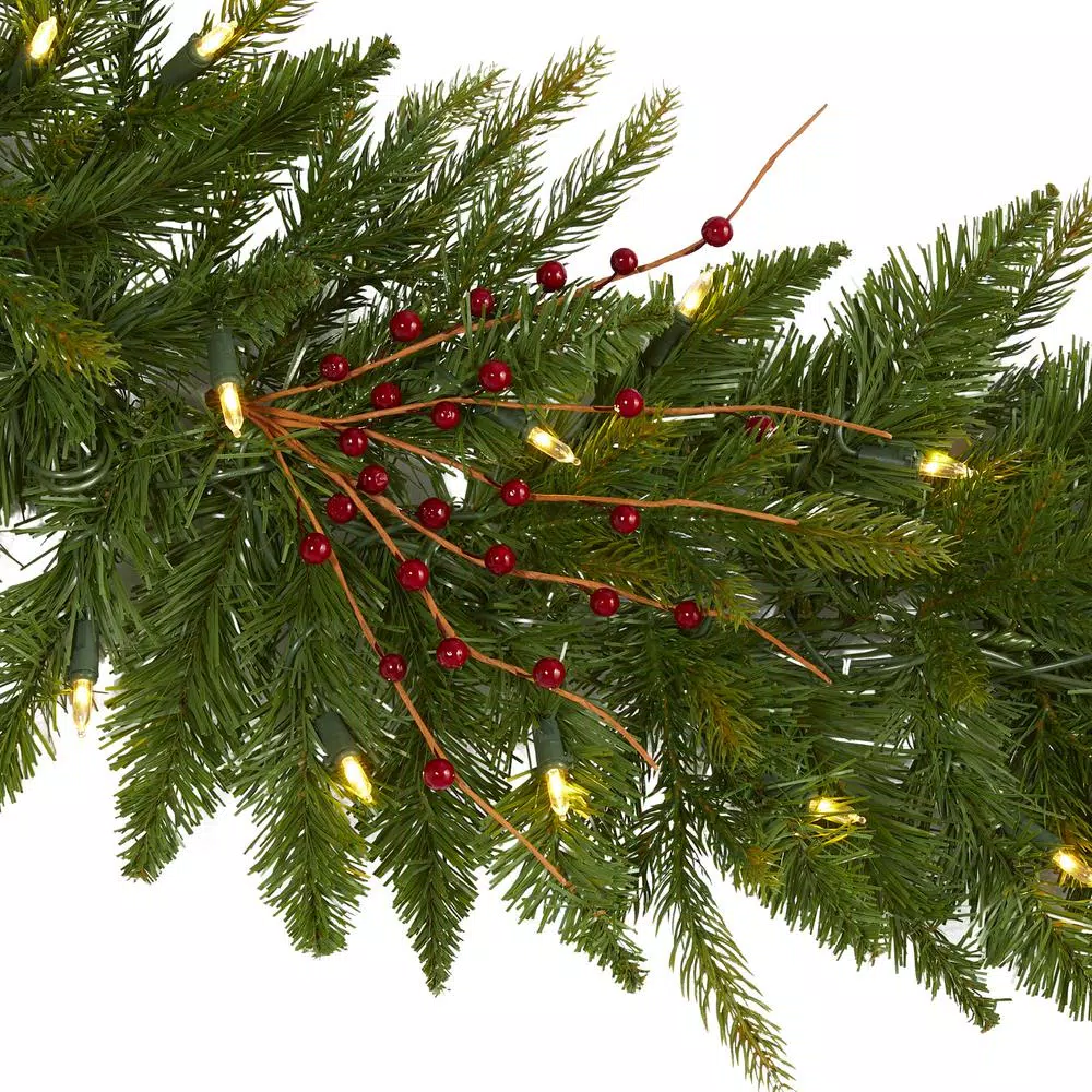 Nearly Natural 6 ft. Pre-Lit Artificial Pine Christmas Garland with 50 Warm White LED Lights and Berries