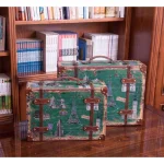 Vintiquewise Set of 2 Vintage-Style World Map Wooden Suitcase Trunks with Leather Straps - Green thumbnail 1
