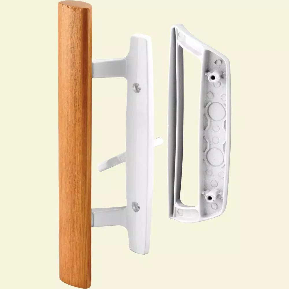 Prime-Line White Diecast Sliding Glass Door Handle Set with Wood Pull, 3-15/16 in. Mortise/Hook Style