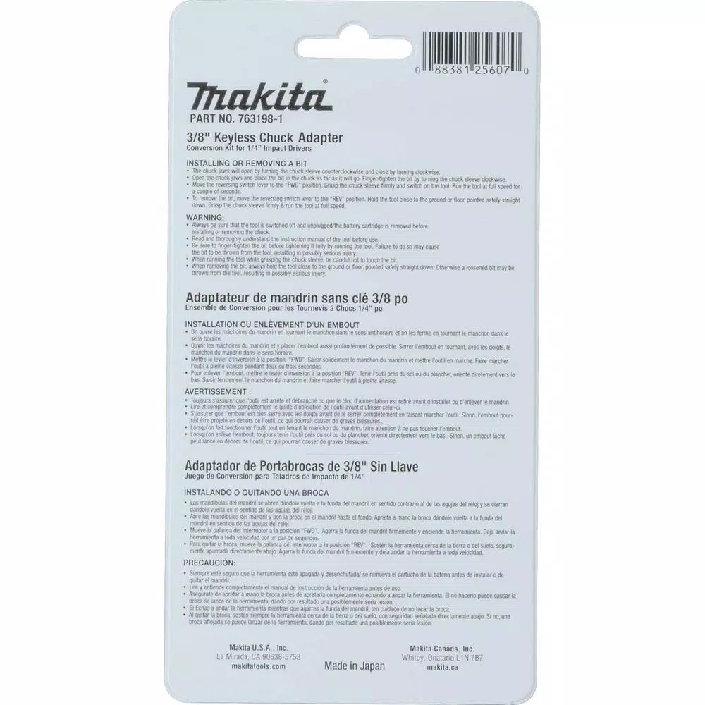 Makita 3/8 in. Metal Keyless Chuck Adaptor for Impact Drivers