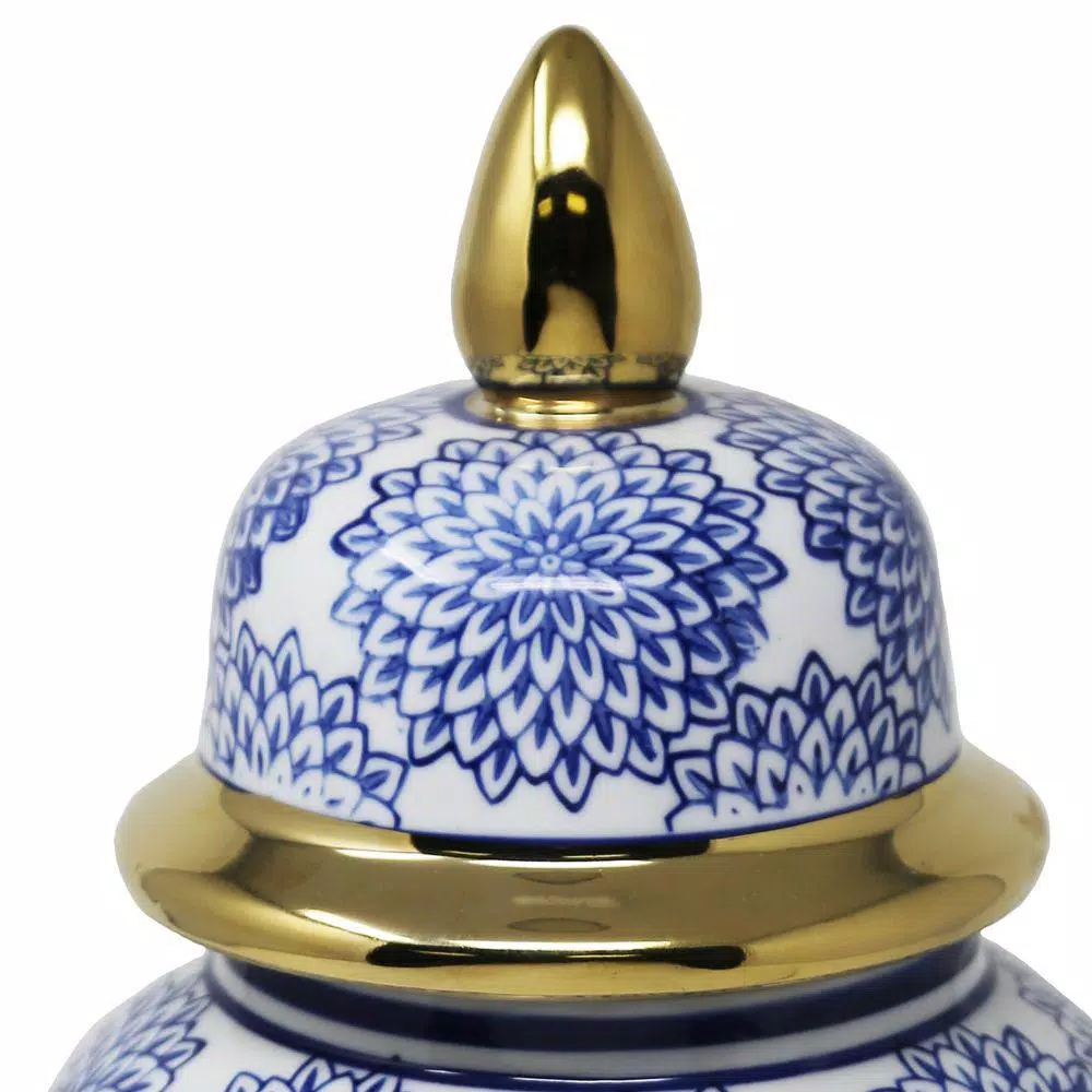 Benjara Blue and White Ceramic Temple Jar with Dahlia Flower Design and Gold Accents