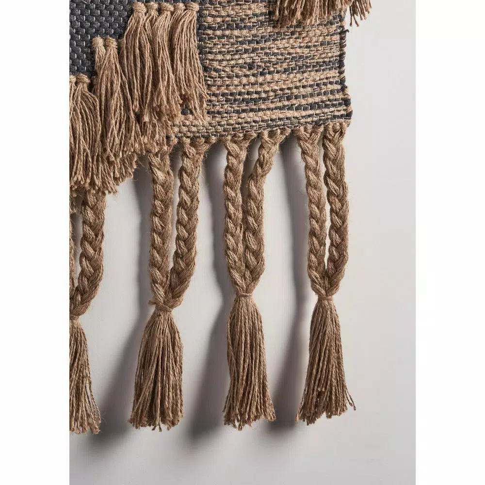 LR Home Rustic Natural and Black Fringed Wall Tapestry - Hand-Loomed Jute and Cotton Wall Hanging