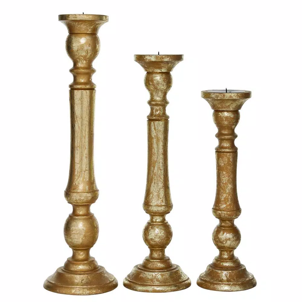 LITTON LANE Golden Mango Wood Candle Holder Set, Set of 3, Distressed Gold Finish