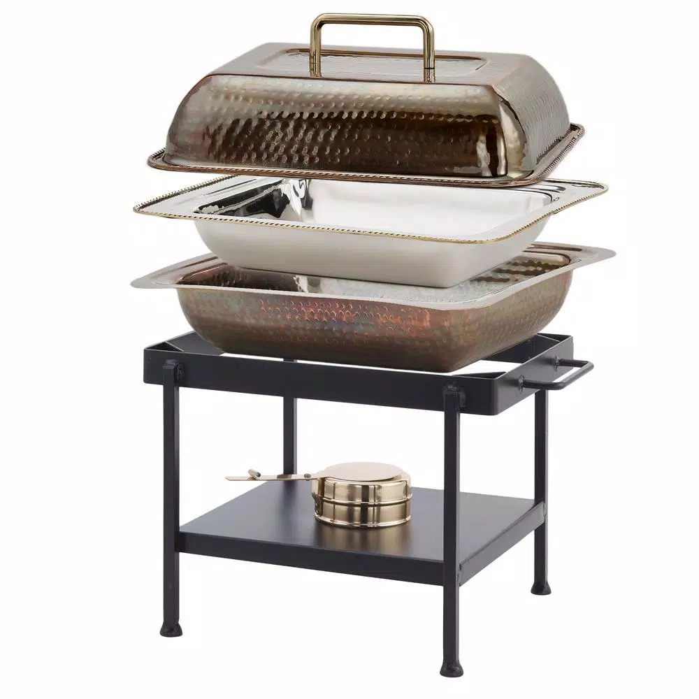 Old Dutch 4 Qt. Rectangular Antique Copper Hammered Chafing Dish with Stainless Steel Pan and Iron Stand