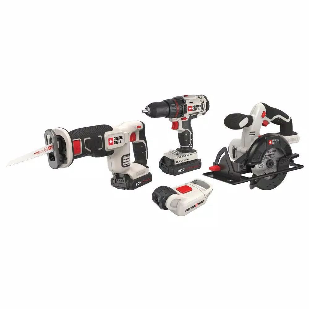 Porter-Cable 20V MAX Lithium-Ion Cordless 4-Tool Combo Kit with Drill, Circular Saw, Reciprocating Saw, and LED Work Light
