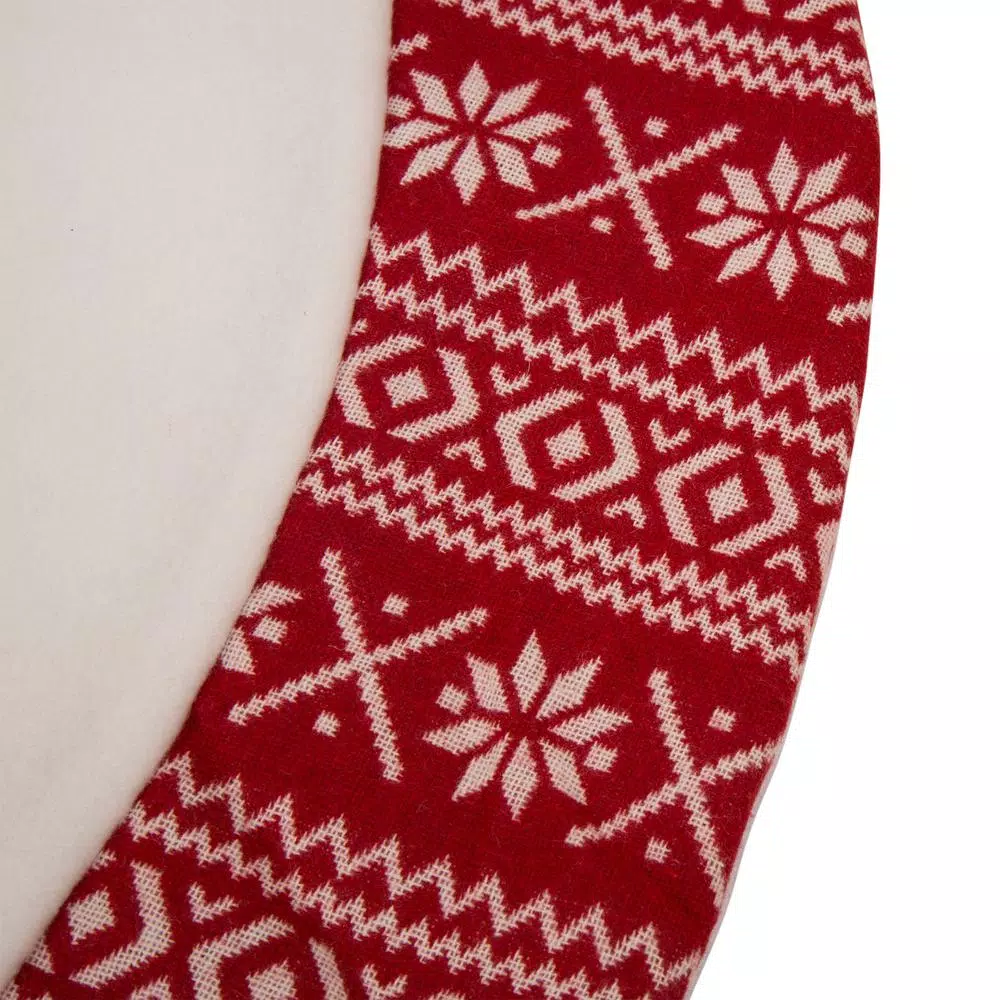 Glitzhome 48 in. White Fleece Christmas Tree Skirt with Jacquard Trim - Merry Christmas