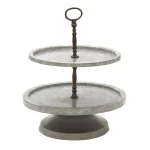 Benzara Modern 2-Tier Metal Serving Tray Stand with Handle, Galvanized Round Trays thumbnail 1