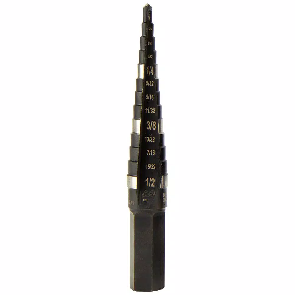 Klein Tools 1/8 in. to 1/2 in. High Speed Steel Double-Fluted Step Drill Bit with 3/8 in. Hex Shank