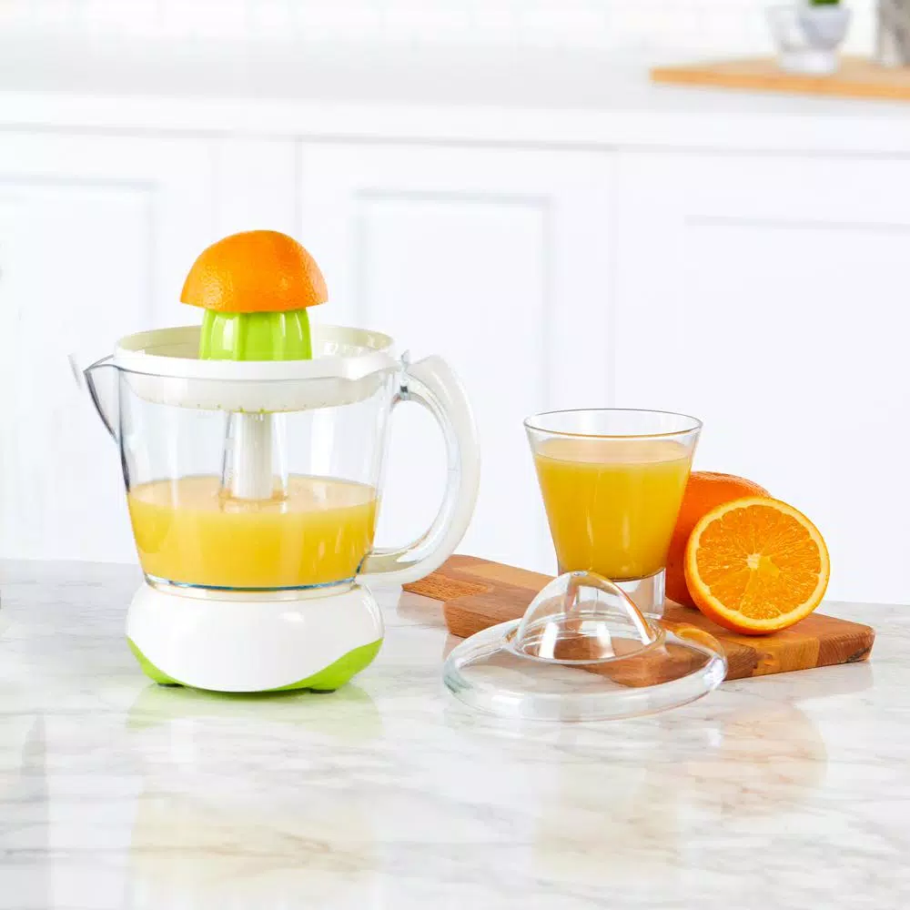 Continental Electric 40W Electric Citrus Juicer, 24 oz. White/Green Juicer with Dust Cover and Easy Pour Spout