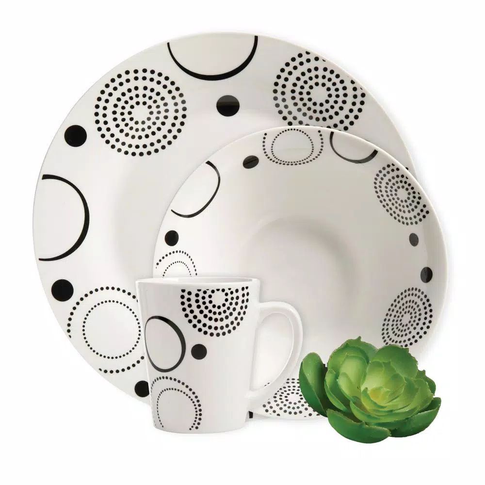 Gibson Home Modern Times 12-Piece Ceramic Dinnerware Set, Black Geometric Design on White, Service for 4