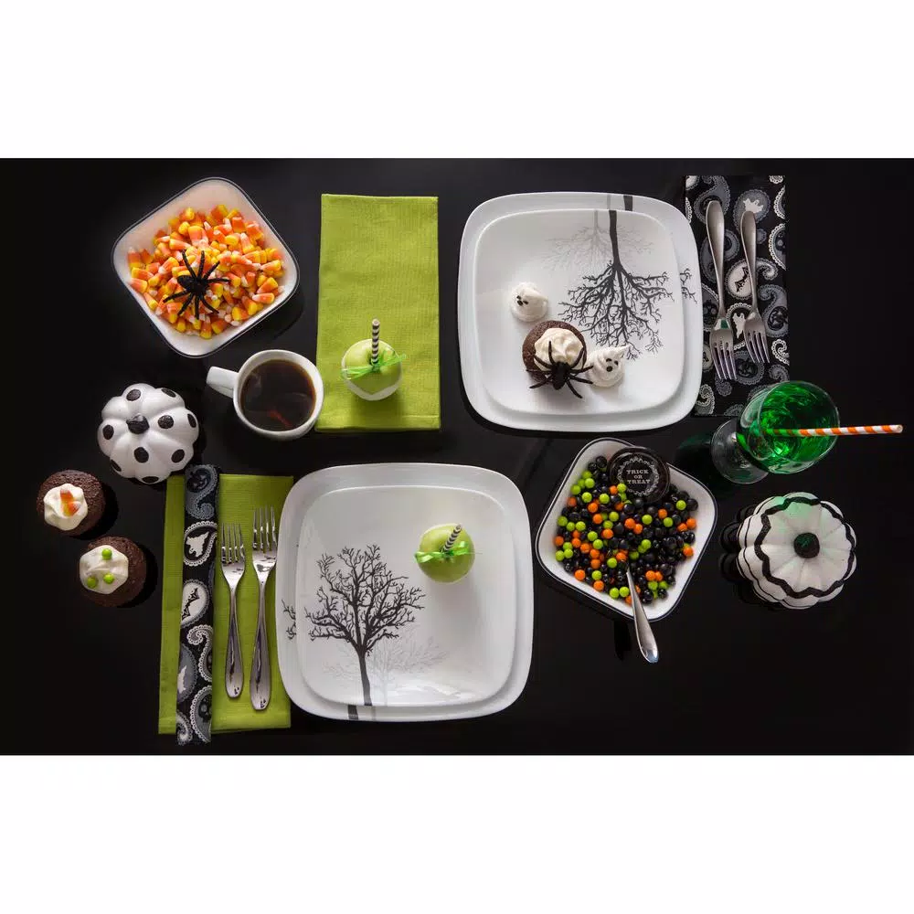 Corelle Square 16-Piece Black Trees Glass Dinnerware Set, Service for 4