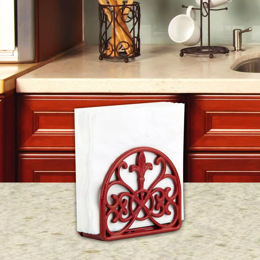 Home Basics Cast Iron Fleur De Lis Napkin Holder - Red Farmhouse Tabletop Decor
