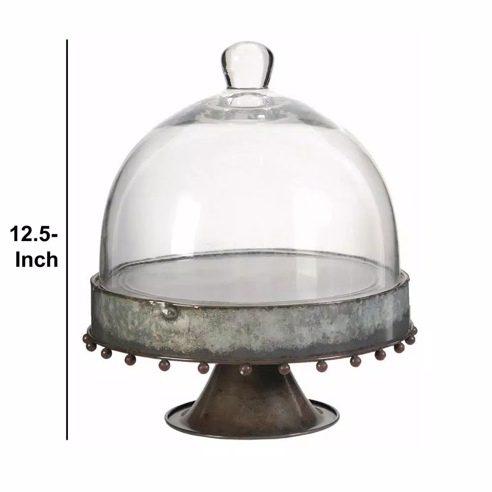 Benjara Gray Metal Pedestal Cake Stand with Glass Dome Cover
