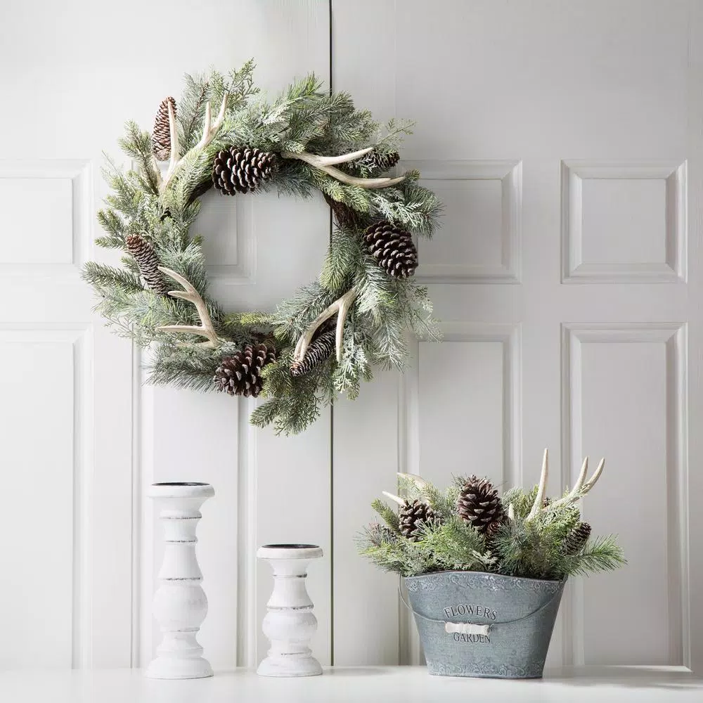 Glitzhome 24 in. Flocked Pinecone and Antler Artificial Christmas Wreath