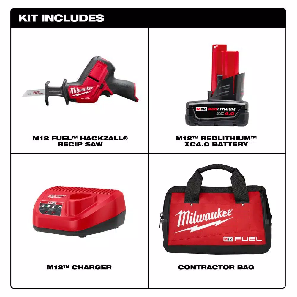 Milwaukee M12 FUEL 12V Brushless Cordless HACKZALL Reciprocating Saw Kit with 4.0 Ah Battery, Charger & Bag