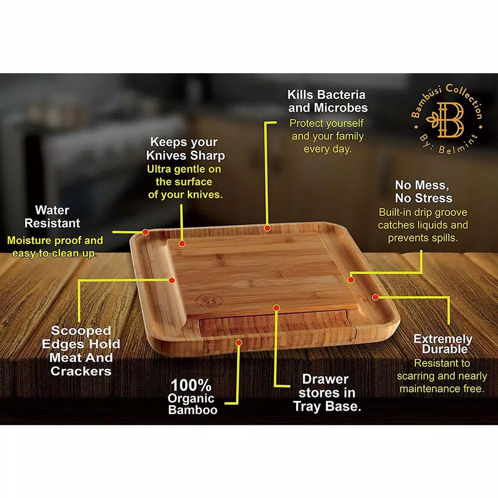 Bambusi Bambsi Bamboo Cheese Board and Cutlery Set with Slide Out Drawer and 4 Utensils