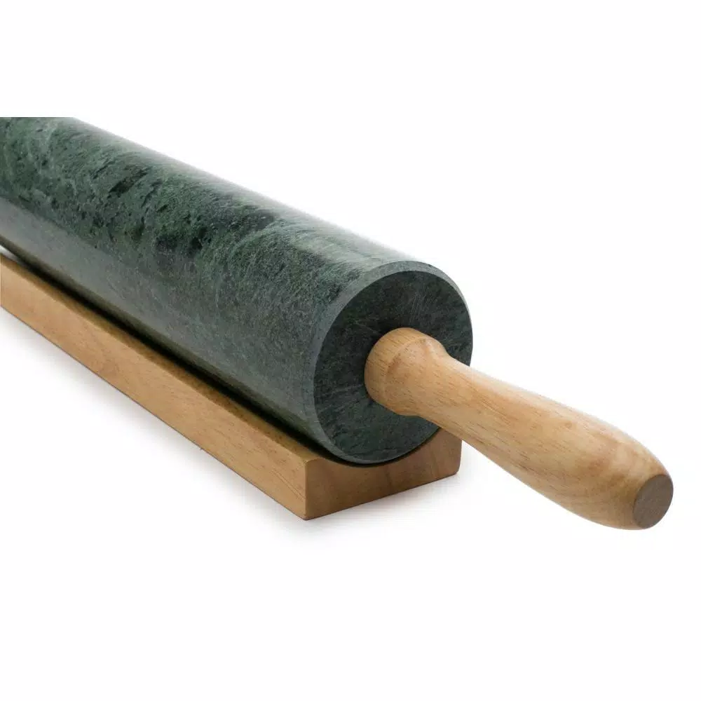 Fox Run Green Marble Rolling Pin with Wooden Handles and Base