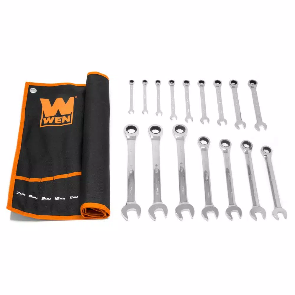 WEN 16-Piece Metric Ratcheting Combination Wrench Set with Storage Pouch