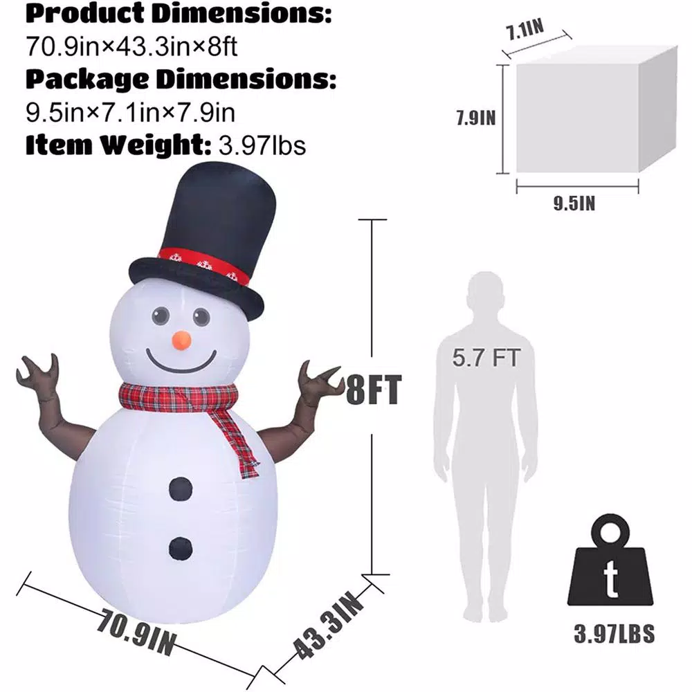 JOYDECOR 8 ft. Pre-Lit Rotating LED Snowman Christmas Inflatable with Branch Hands