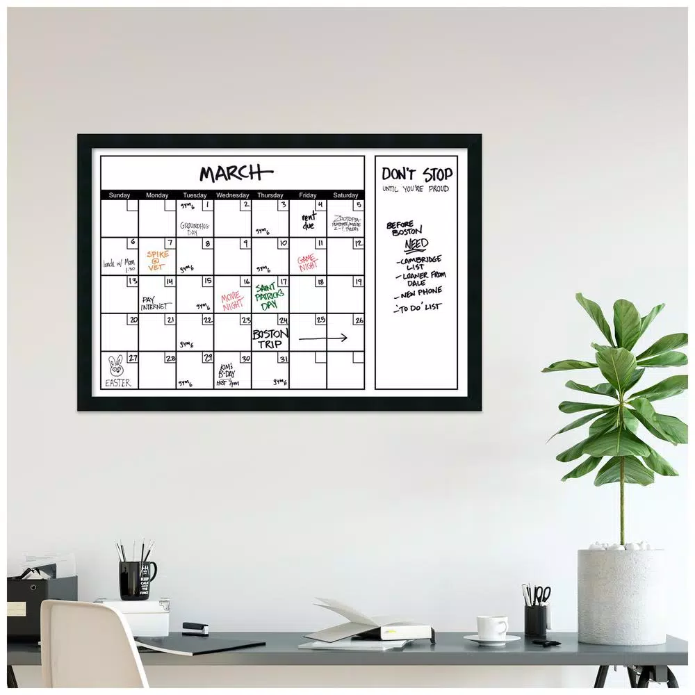 Amanti Art 38 in. W x 26 in. H Framed Glass Dry Erase Calendar Board, Mezzanotte Satin Black Wood