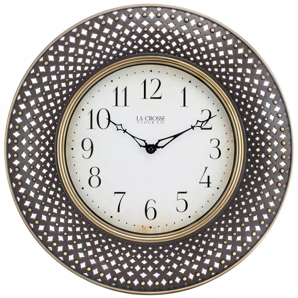 La Crosse Technology 16 in. Antiqued Brown Lattice Round Analog Wall Clock with Quartz Movement