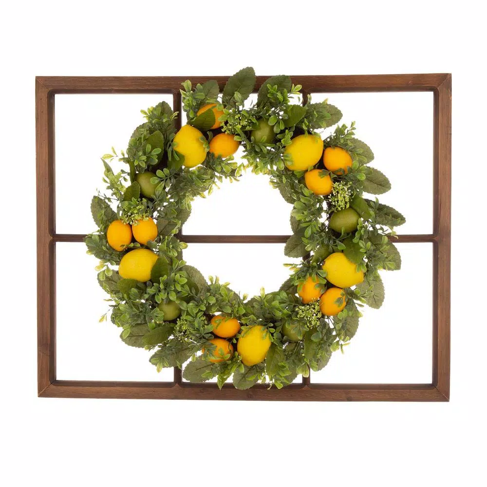 Glitzhome 28 in. Wooden Window Frame with 22 in. Greenery Lemon Wreath Decor