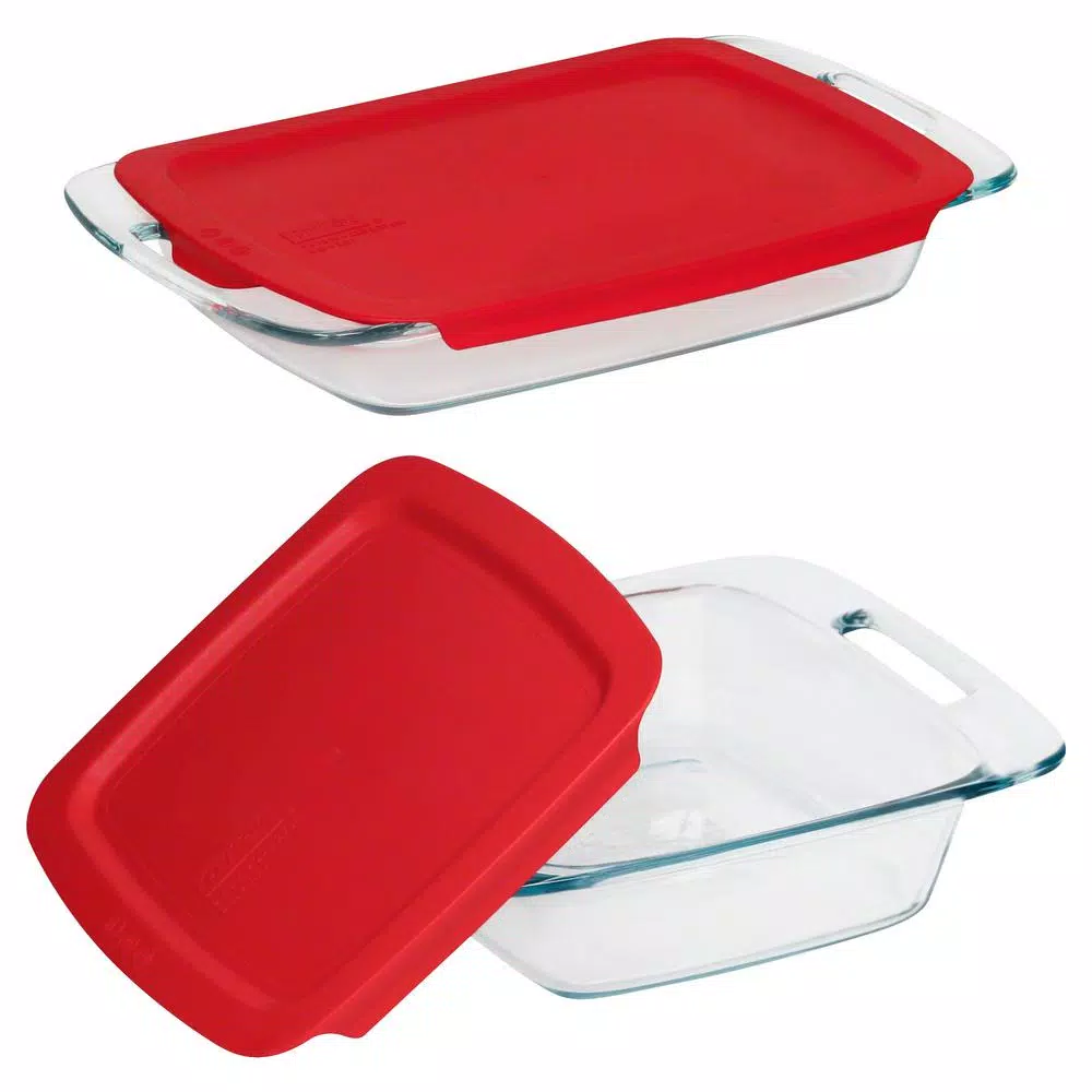 Pyrex Easy Grab 4-Piece Glass Bakeware Set with Red Lids - 3 qt. and 8 in. x 8 in. Bakers