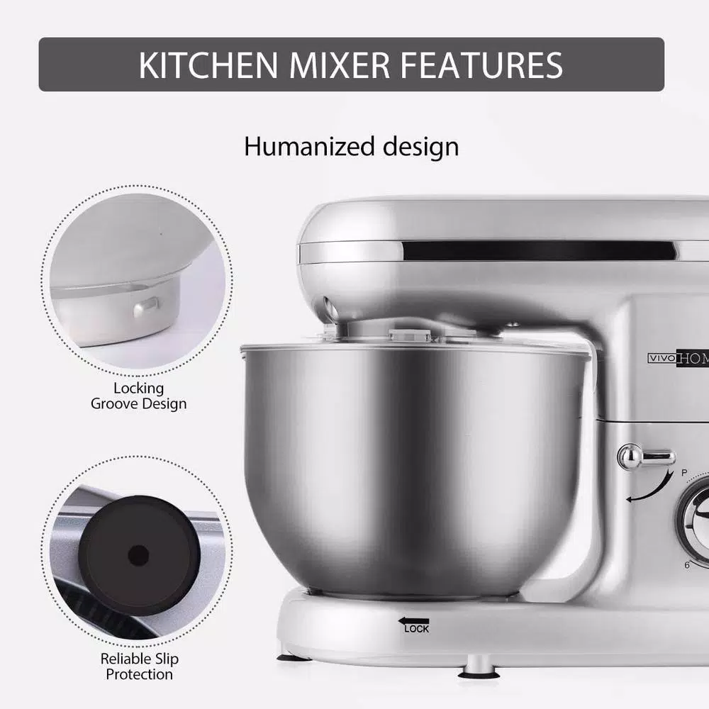 VIVOHOME 650W 6-Qt. Silver Tilt-Head Kitchen Stand Mixer with 6 Speeds