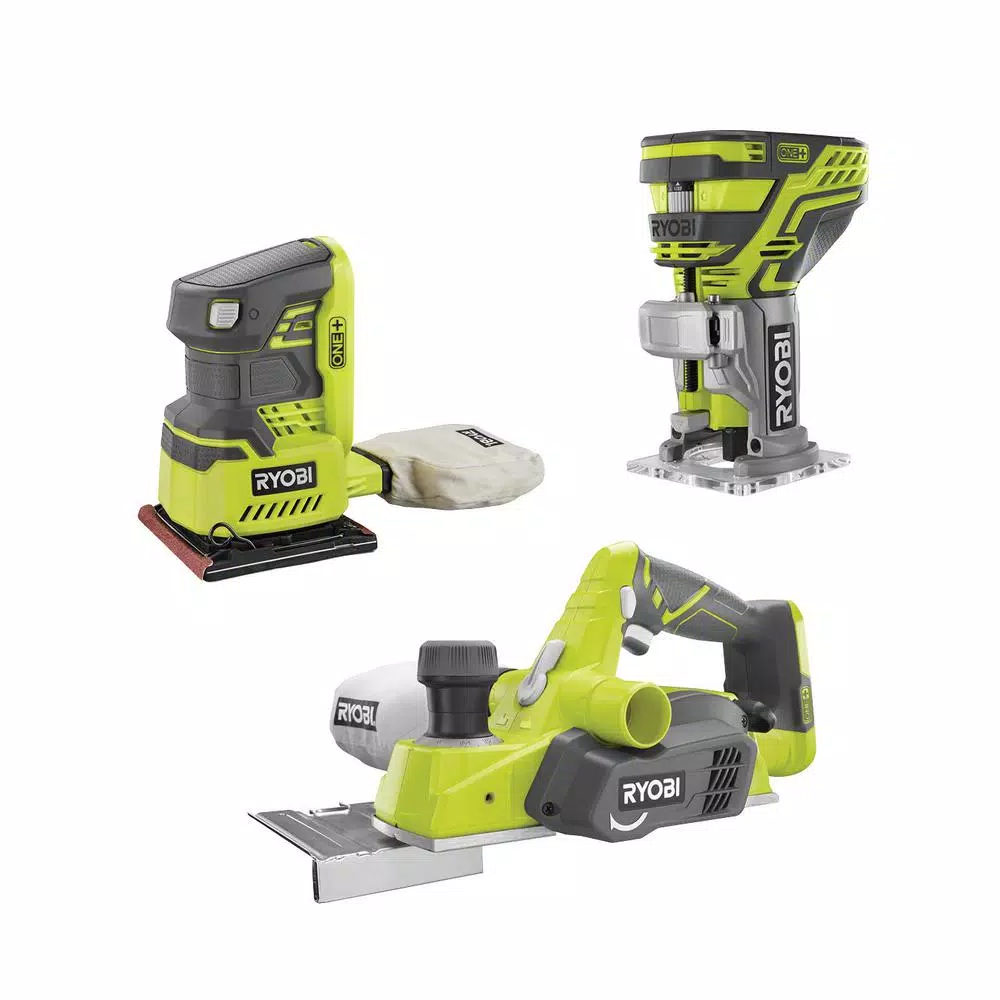 RYOBI 18V ONE+ 3-1/4 in. Planer, 1/4 Sheet Sander, and Fixed Base Trim Router Combo Kit (Tools Only)