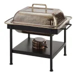 Old Dutch 4 Qt. Rectangular Antique Copper Hammered Chafing Dish with Stainless Steel Pan and Iron Stand thumbnail 1